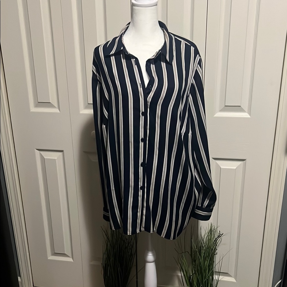 Navy and White Striped Button-Up Shirt